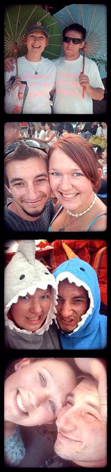 A Photo Booth photo of Danielle and Brad holding Japanese parasols, both smiling, both wearing shark costumes, and a close-up image of their faces.