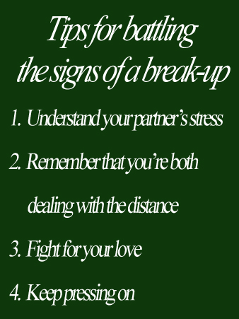 Tips for battling the signs of a break-up: understand your partner's stress, remember that you're both dealing with the distance, fight for your love, keep pressing on